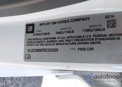 2014 Chevrolet Spark 1Lt Auto z USA, uszkodzony, nr VIN KL8CD6S97EC522025